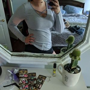 Grey white criss cross scoop neck